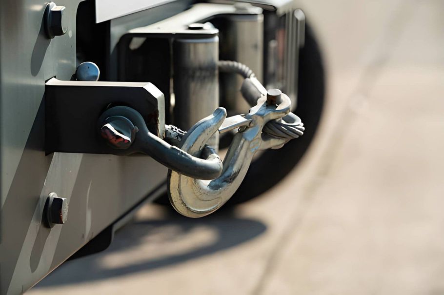 Close-up of a metal chain and hook securing a trailer hitch to a vehicle.