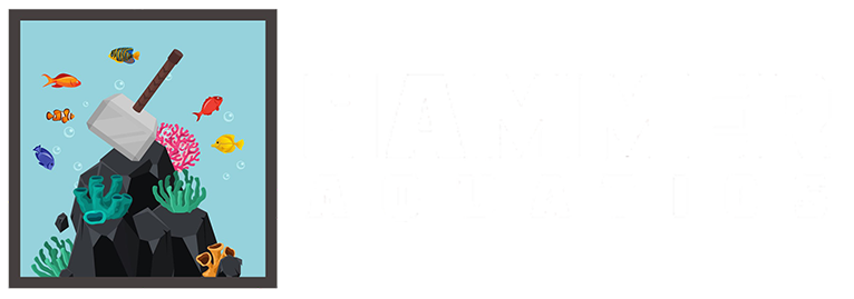 An aquarium scene with fish, coral, and a hammer smashing a rock.