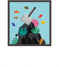 Thor's hammer rests on a rocky reef, surrounded by colorful fish and coral in a blue aquarium.