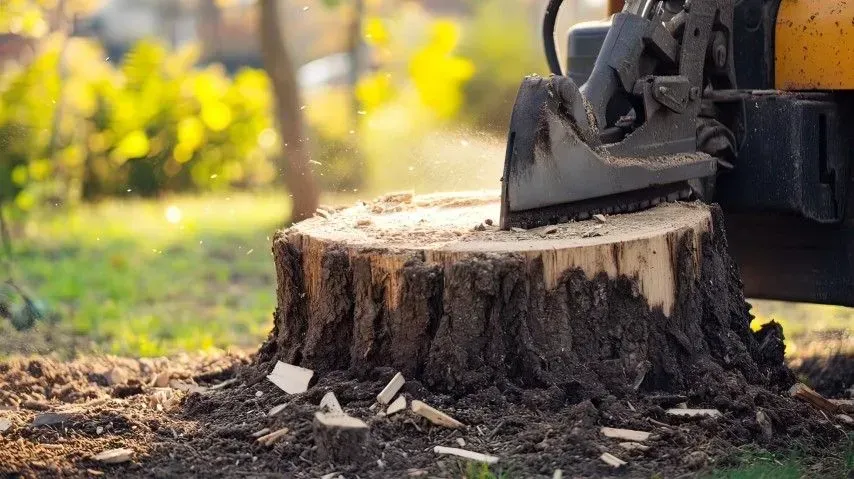 A chainsaw cuts through a tree stump in a sunlit yard, with wood chips scattered nearby.