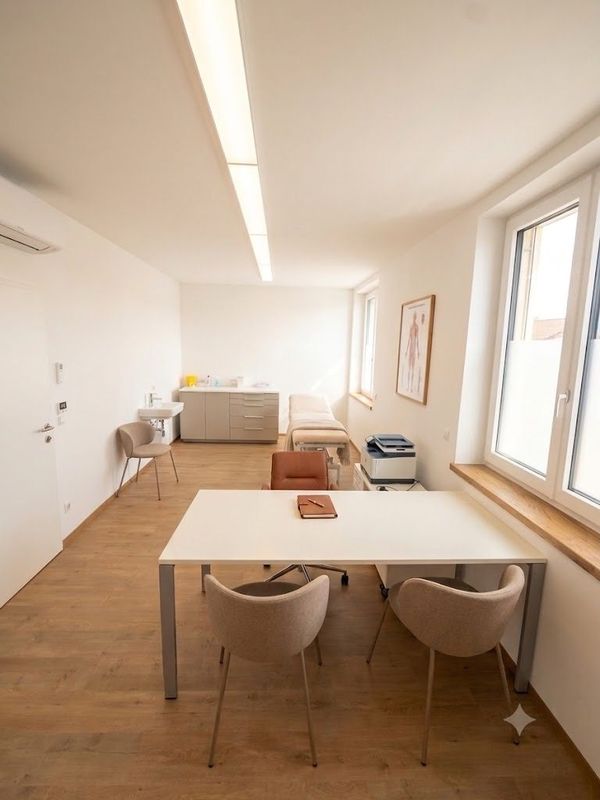 Helles, minimalistisches Behandlungszimmer mit Tisch und Stühlen, Holzboden, Schränken und großen Fenstern.