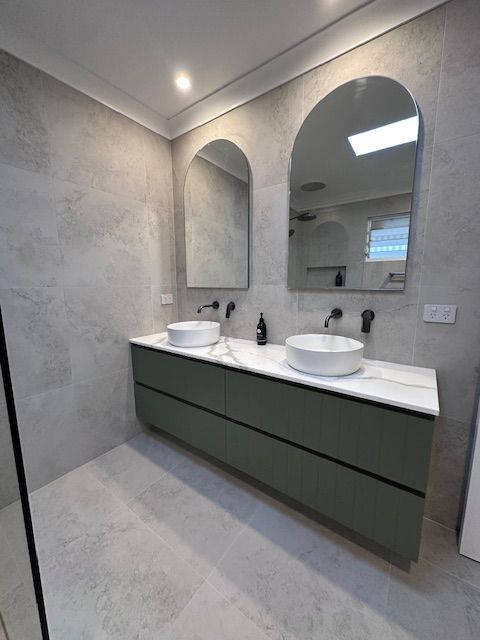 Modern Bathroom With Olive Green Vanity — Custom Design Bathroom Renovations in Port Macquarie, NSW