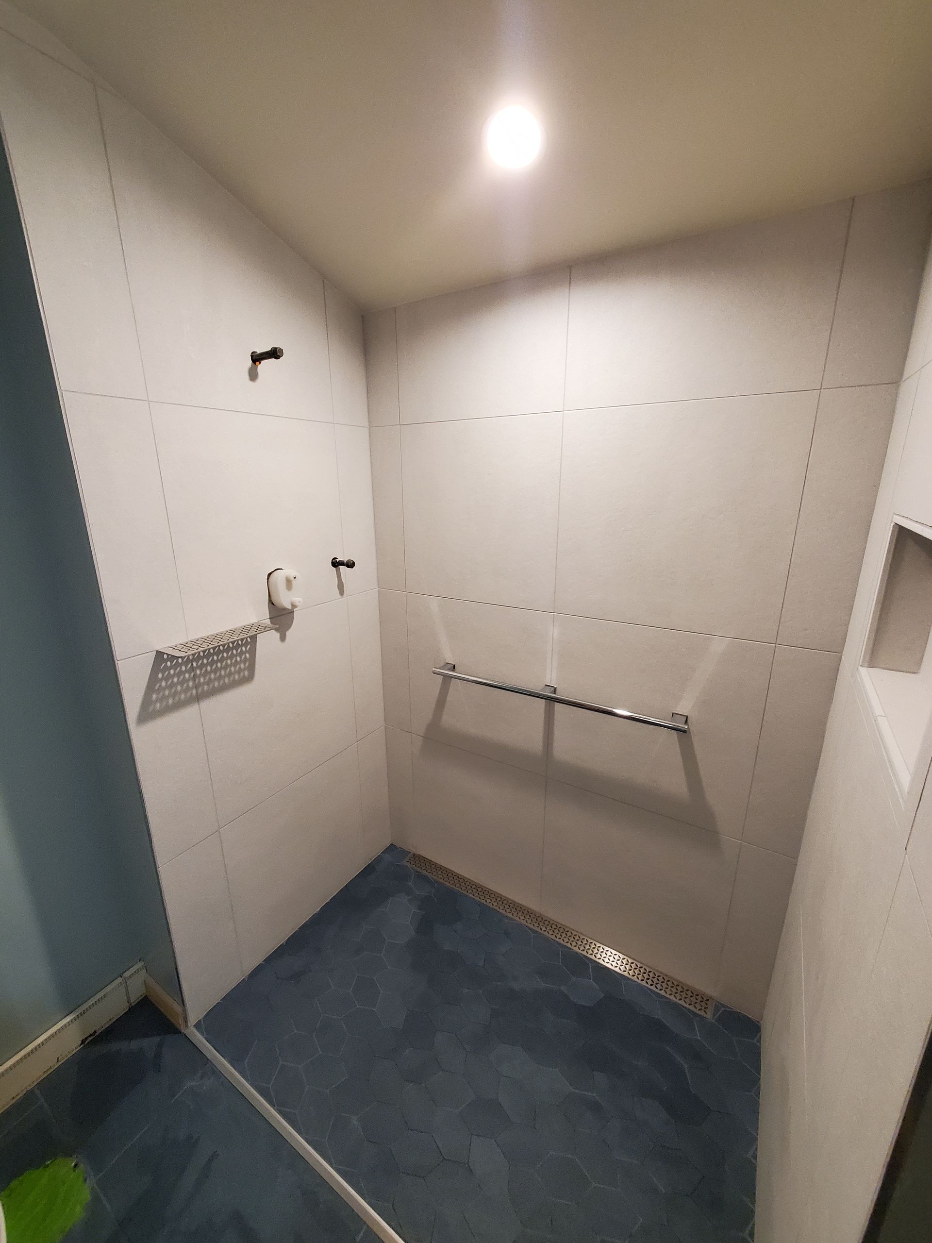 A bathroom with a walk in shower and a hand rail.