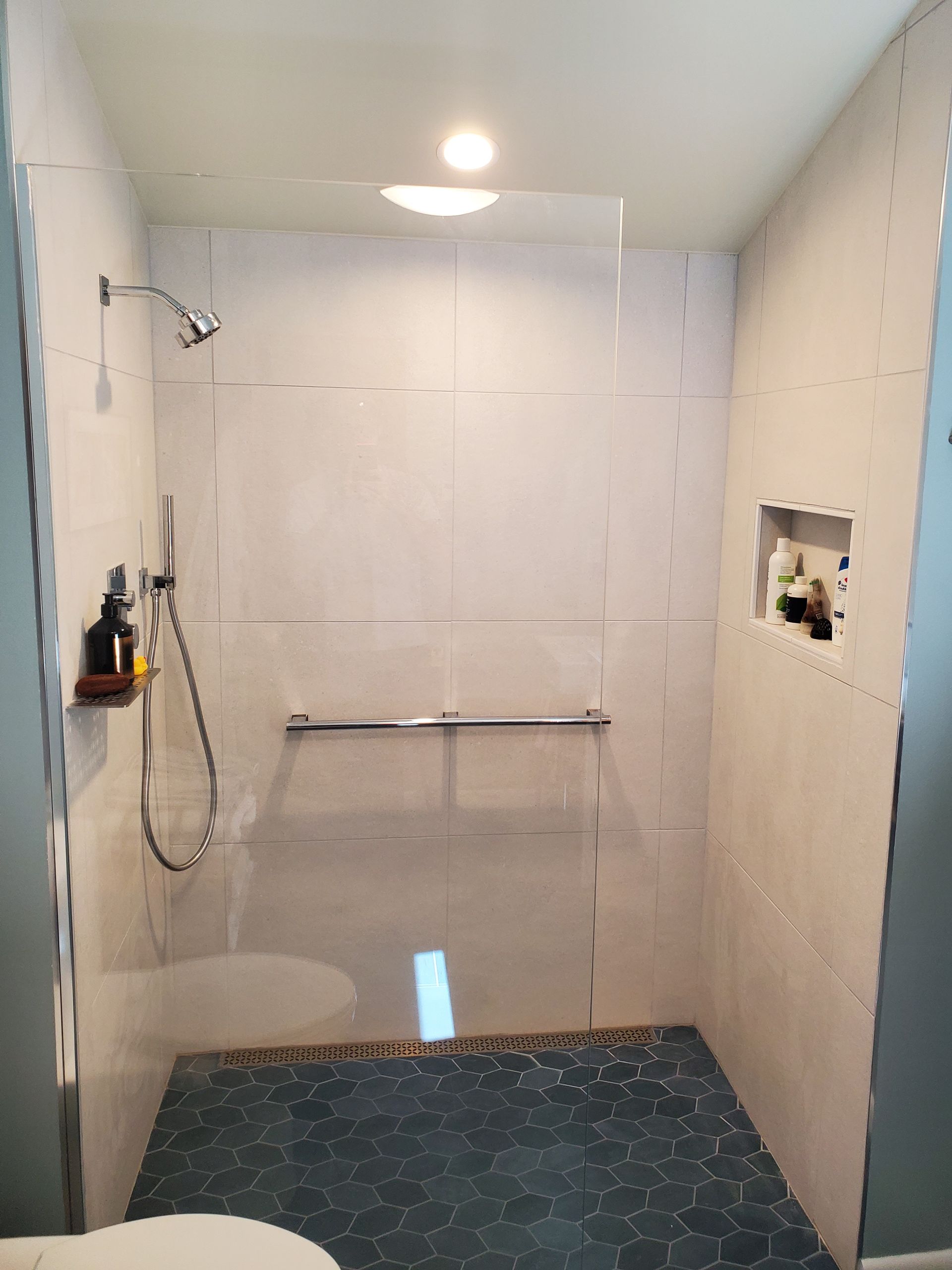 A bathroom with a walk in shower and a toilet.