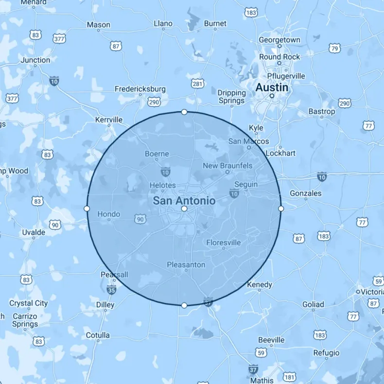 A map of san antonio texas with a circle around it