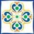 Motivo floreale simmetrico su sfondo bianco, nei colori blu, oro, verde e marrone.