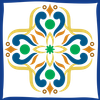 Motivo floreale simmetrico su sfondo bianco, nei colori blu, oro, verde e marrone.