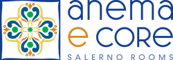 Logo con la scritta “anema e core” e un emblema floreale colorato con la scritta “SALERNO ROOMS” sotto.