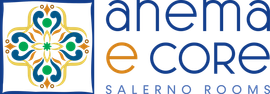 Logo con la scritta “anema e core” e un emblema floreale colorato con la scritta “SALERNO ROOMS” sotto.