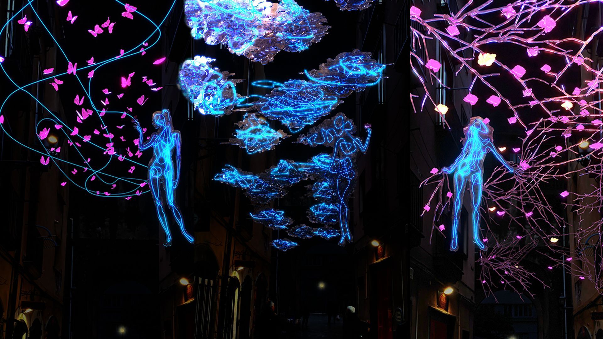 Installazione astratta di luci al neon con figure blu e motivi ramificati rosa su un palcoscenico buio.