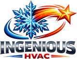 Logo for Ingenious HVAC, featuring a stylized blue snowflake transitioning into a fiery orange shooting star.