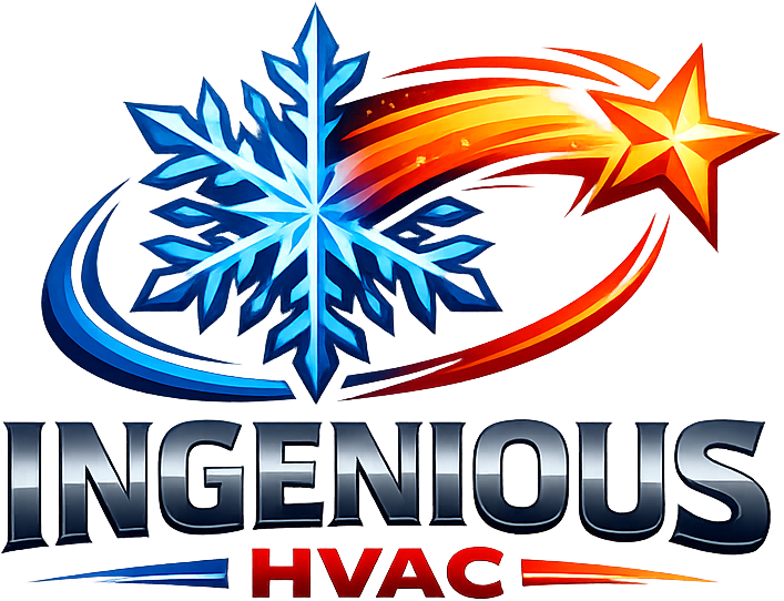Logo for Ingenious HVAC, featuring a stylized blue snowflake transitioning into a fiery orange shooting star.