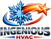Logo for Ingenious HVAC, featuring a stylized blue snowflake transitioning into a fiery orange shooting star.