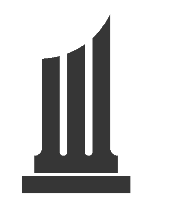 Gray logo: three stylized columns on a base, one column curved.