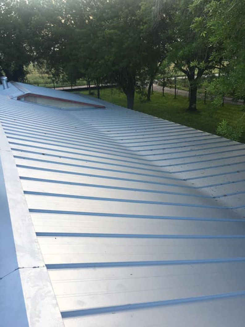 Metal roof with parallel ridges, with surrounding trees and sky.