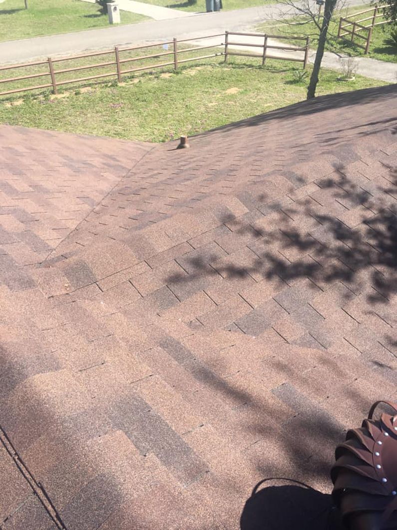 Brown asphalt shingle roof with shadows and a small vent; view of a park in the background.