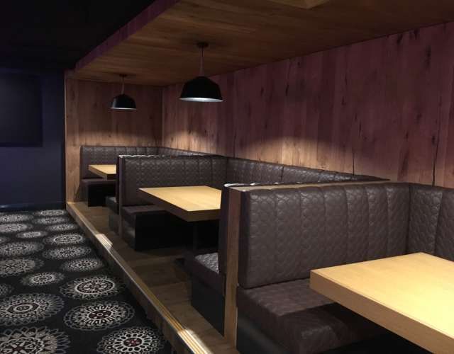 A row of booths with tables in a restaurant