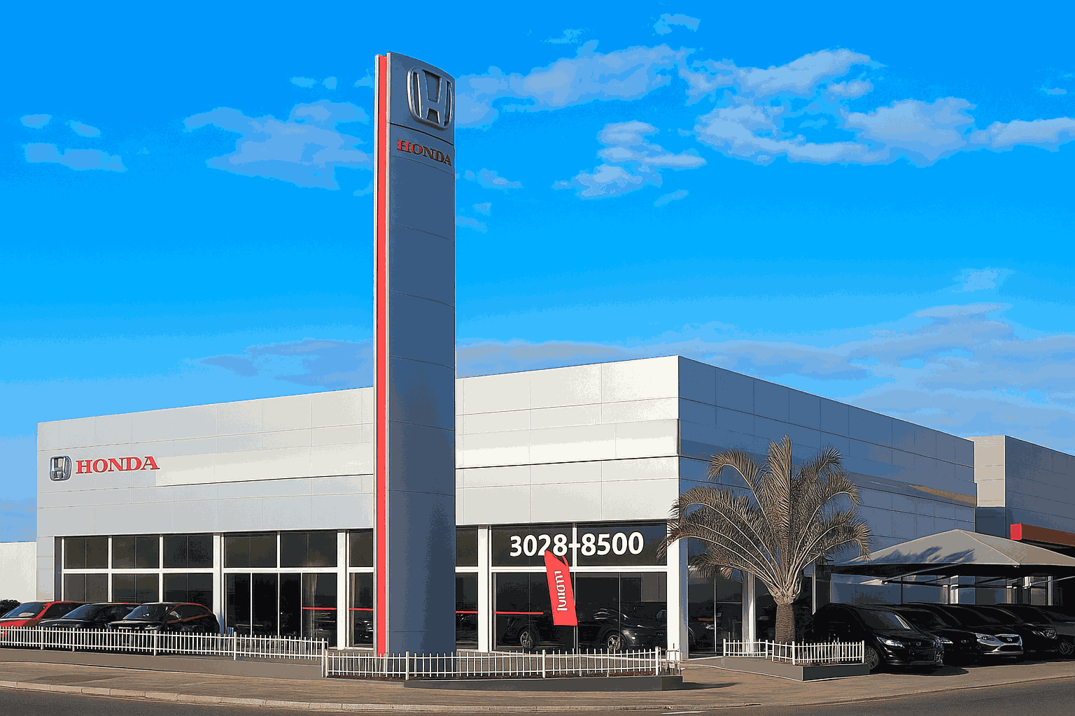 Honda dealership exterior with tall sign and parked cars under a blue sky