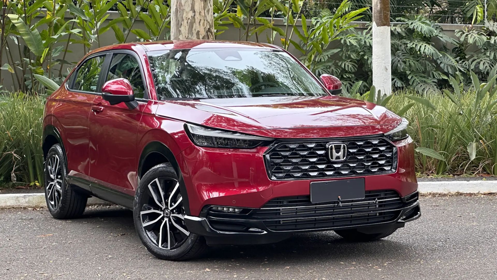 Red Honda SUV parked on a tree-lined street, angled front view.