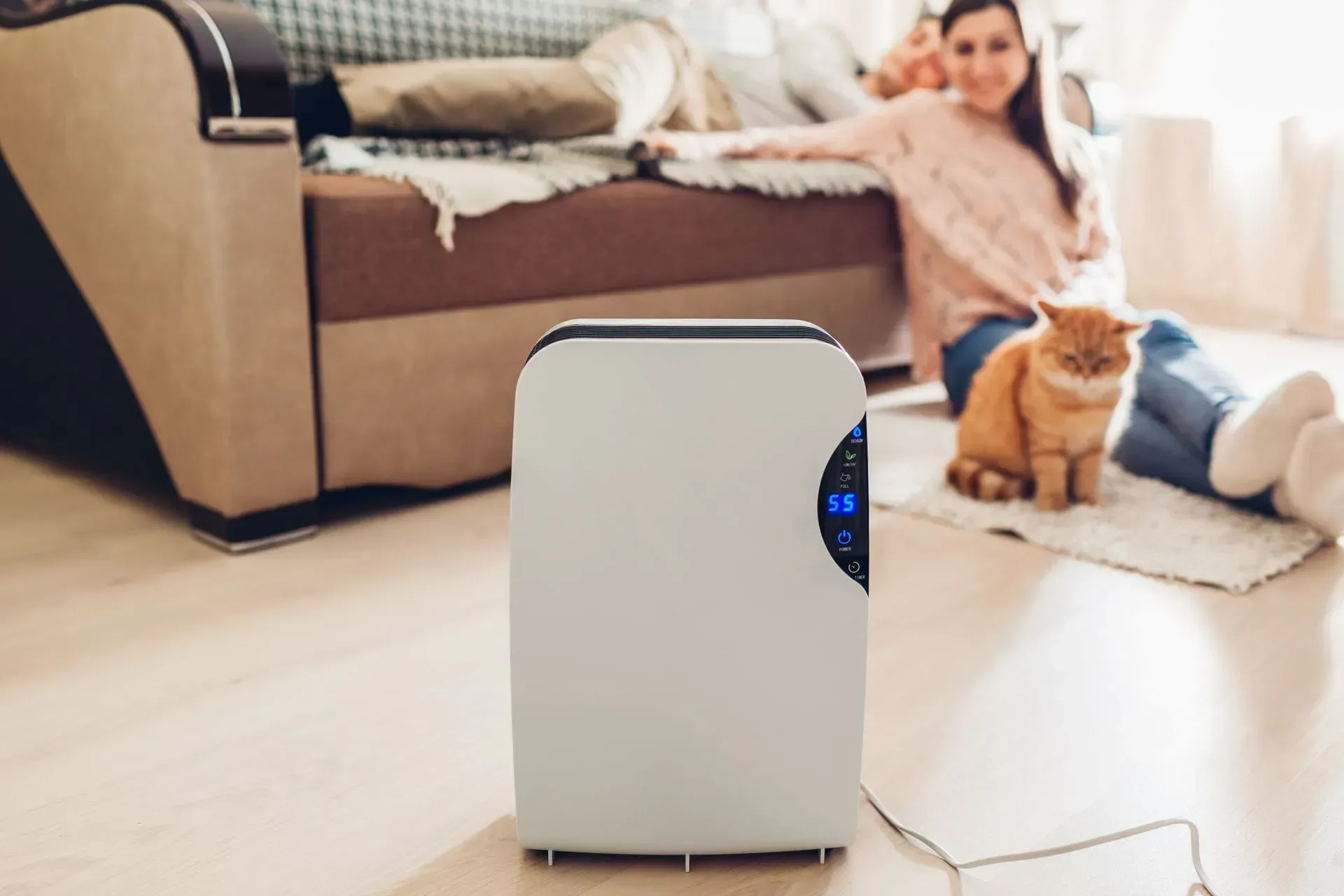 A woman and a cat are sitting on the floor next to a air purifier.