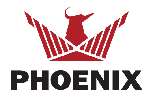 A logo for phoenix with a bull and a crown on a white background.