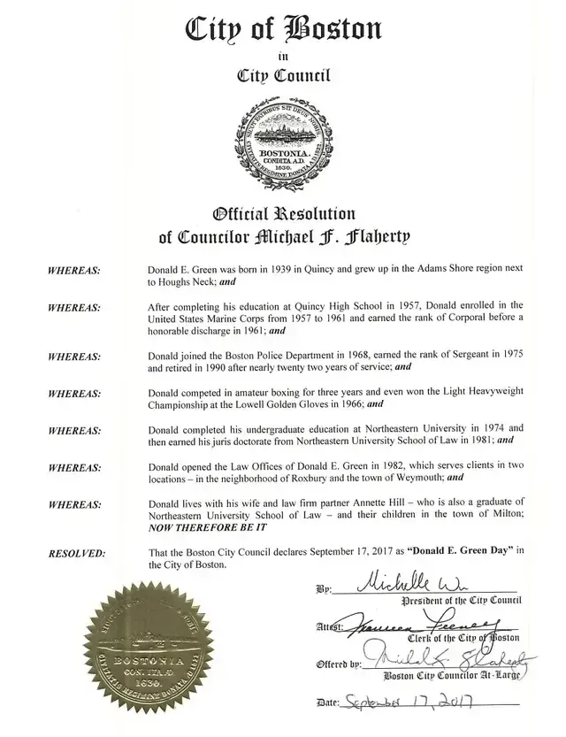 Boston City Council official resolution document with gold seal and signatures