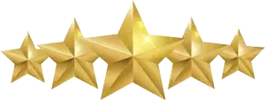 Five gold stars in a row, with a larger star in the center
