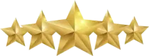 Five gold stars in a row, with a larger star in the center