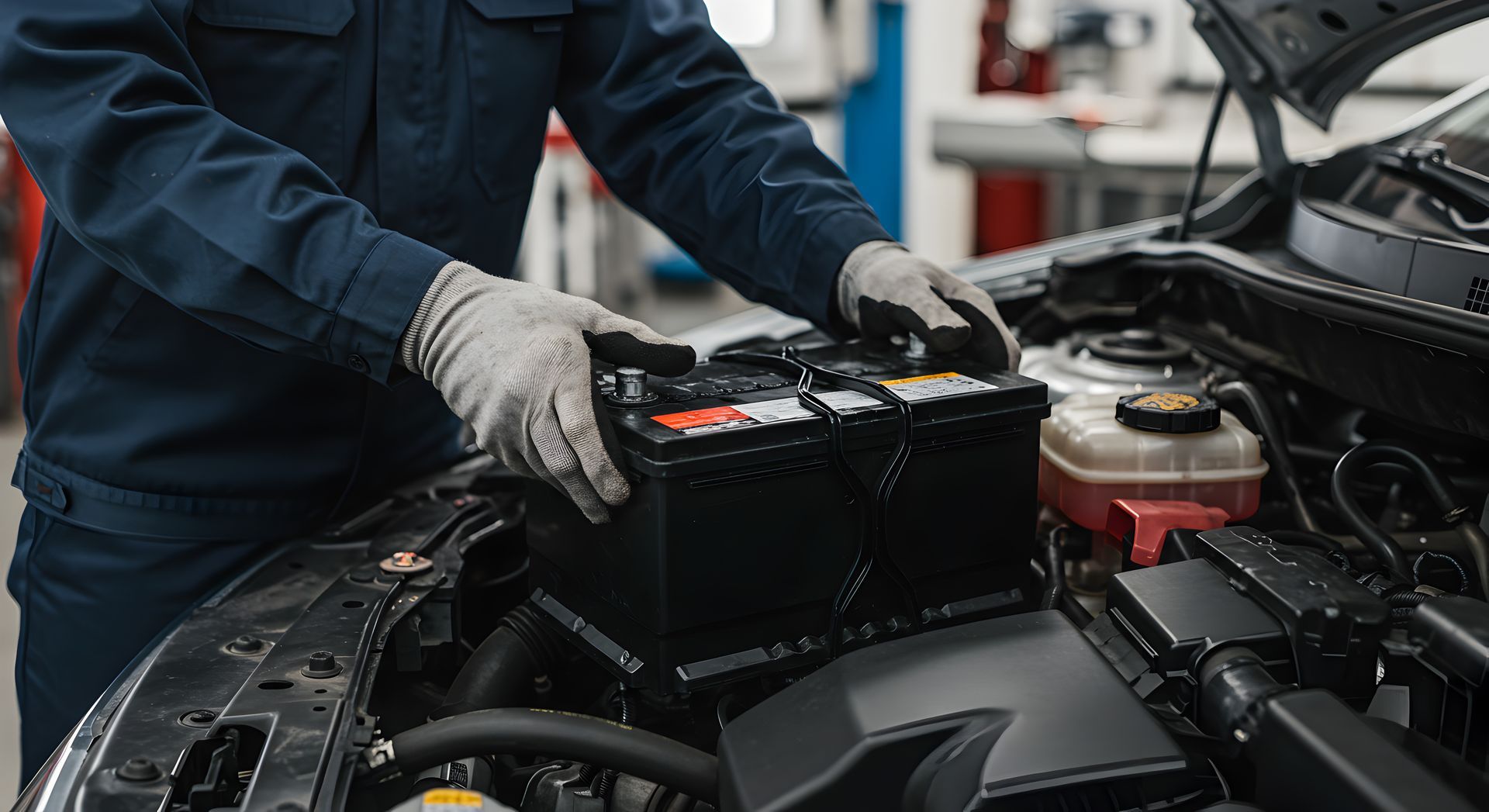 Auto mechanic in gloves installing a car battery under the open hood of a vehicle in a repair shop