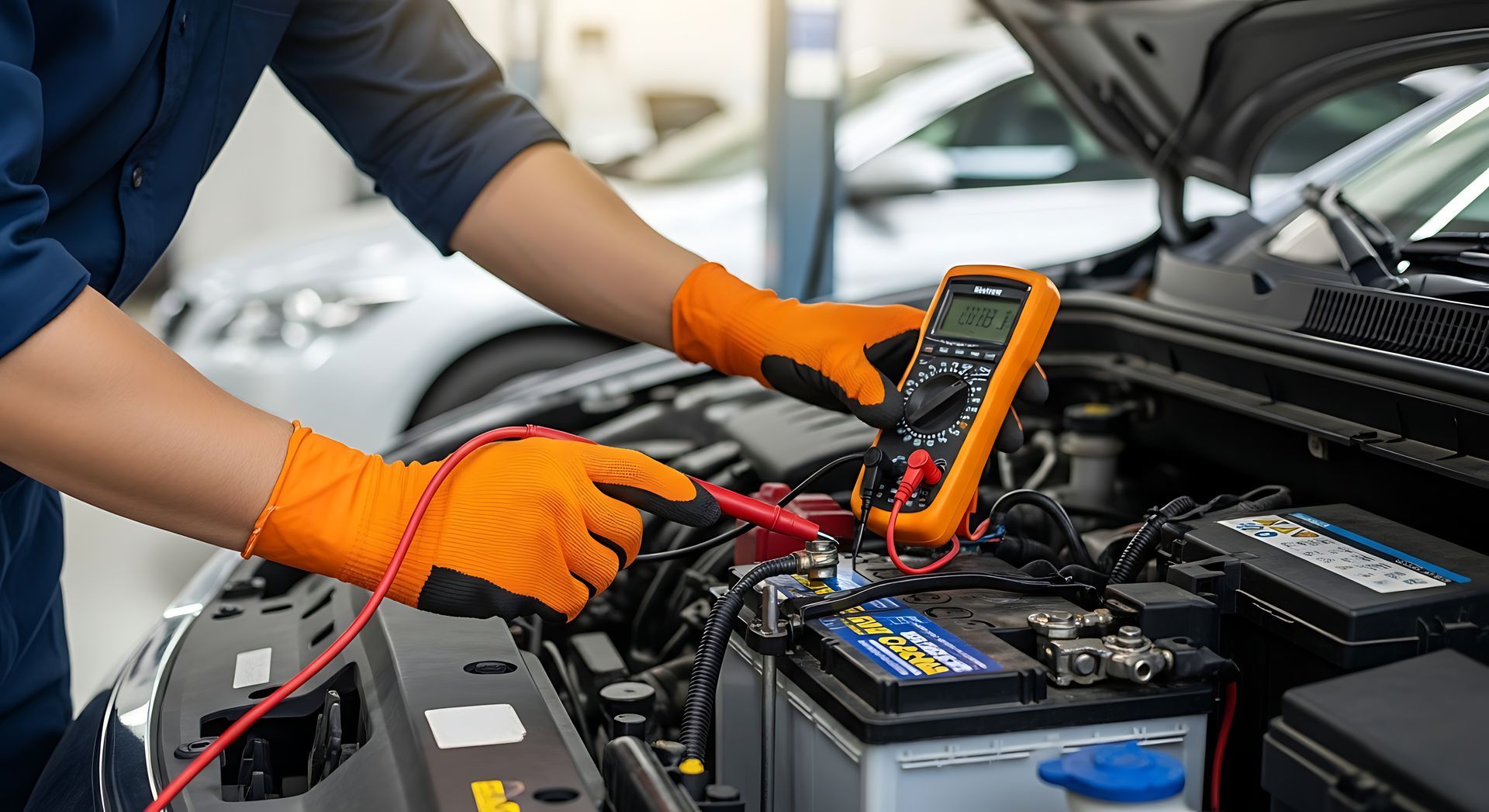 Auto technician in orange gloves testing a car battery with a multimeter under an open hood in a rep