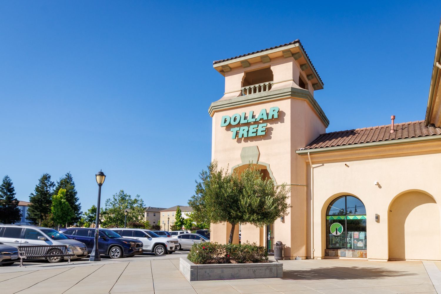 Dollar Tree storefront in a shopping center, with parked cars and a blue sky.