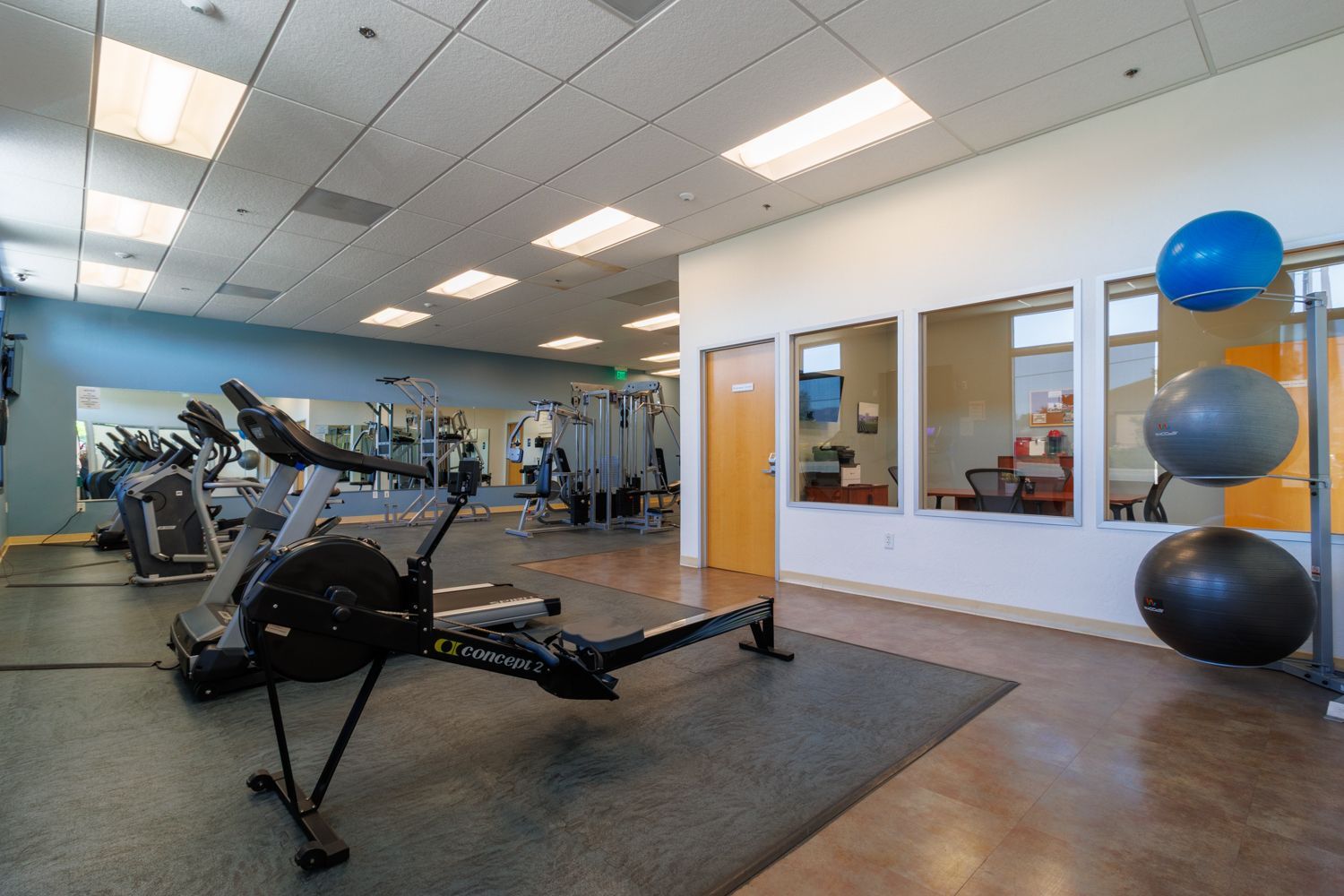 Gym with rowing machine, weight equipment, mirrors, and exercise balls in a bright studio.