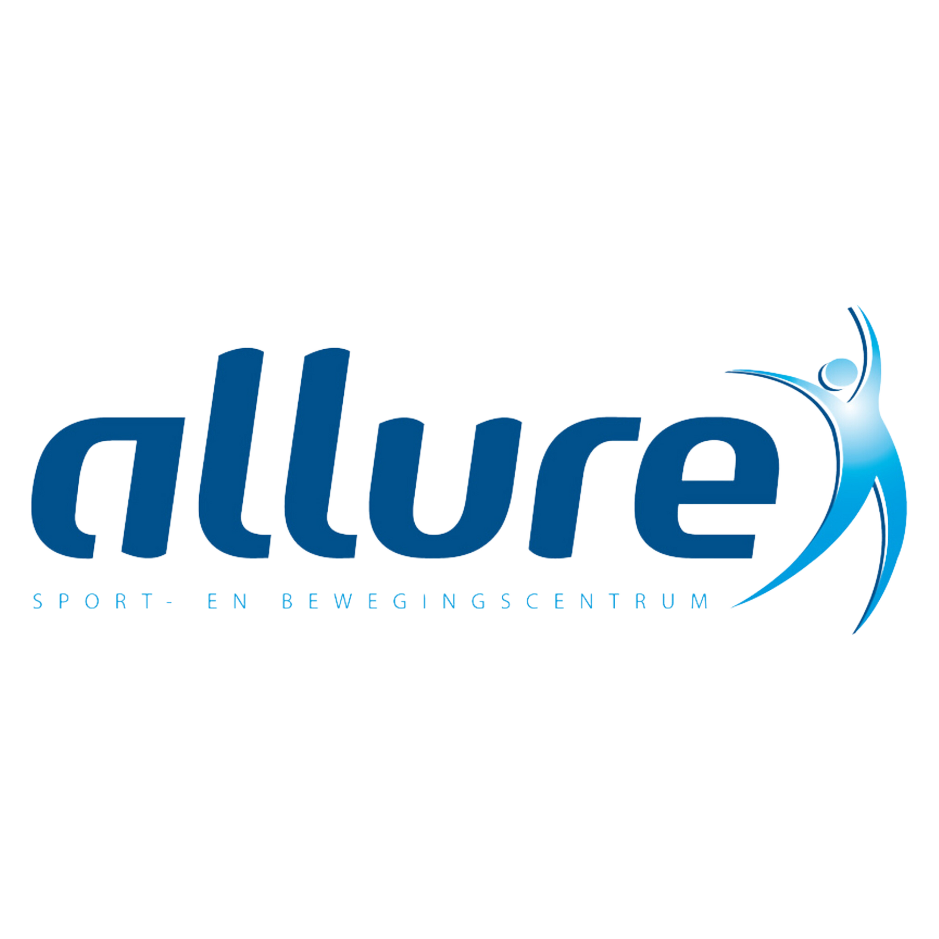 Blauw "allure" tekstlogo met een gestileerde persoon die omhoog reikt, en daaronder "SPORT & BEWEGINGSCENTRUM".