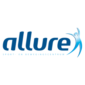 Blauw "allure" tekstlogo met een gestileerde persoon die omhoog reikt, en daaronder "SPORT & BEWEGINGSCENTRUM".