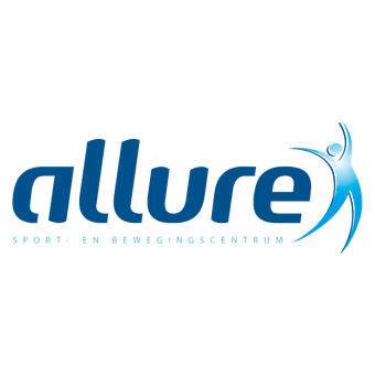 Blauw "allure" tekstlogo met een gestileerde persoon die omhoog reikt, en daaronder "SPORT & BEWEGINGSCENTRUM".