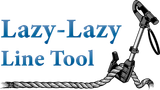 Lazy-Lazy line tool logo with blue text and a drill attached to a rope line