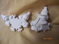 2 ornaments, snowmen and a snowflake