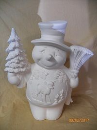 Snowman with broom and tree