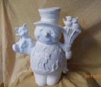 snowman with cat, broom, birds