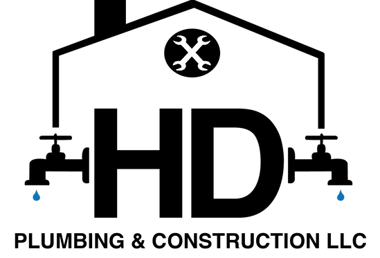 Logo: black house outline with "HD" and faucets, crossed wrenches icon. Text: Plumbing & Construction LLC.