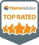 HomeAdvisor Top Rated badge with orange stars on a gray background.