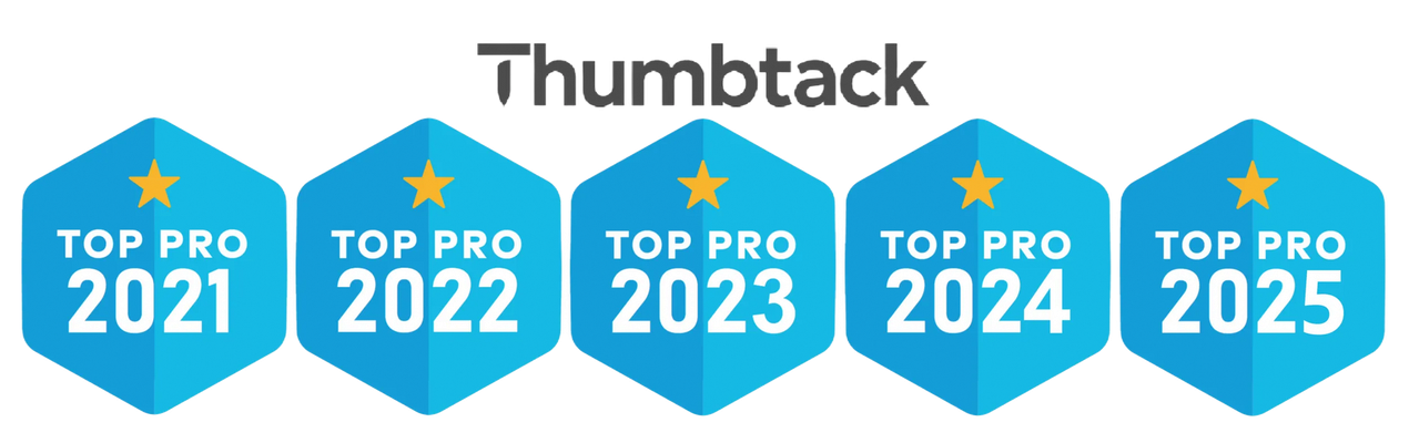 Thumbtack Top Pro awards for the years 2021, 2022, 2023, 2024, and 2025, displayed as five blue hexagonal badges.