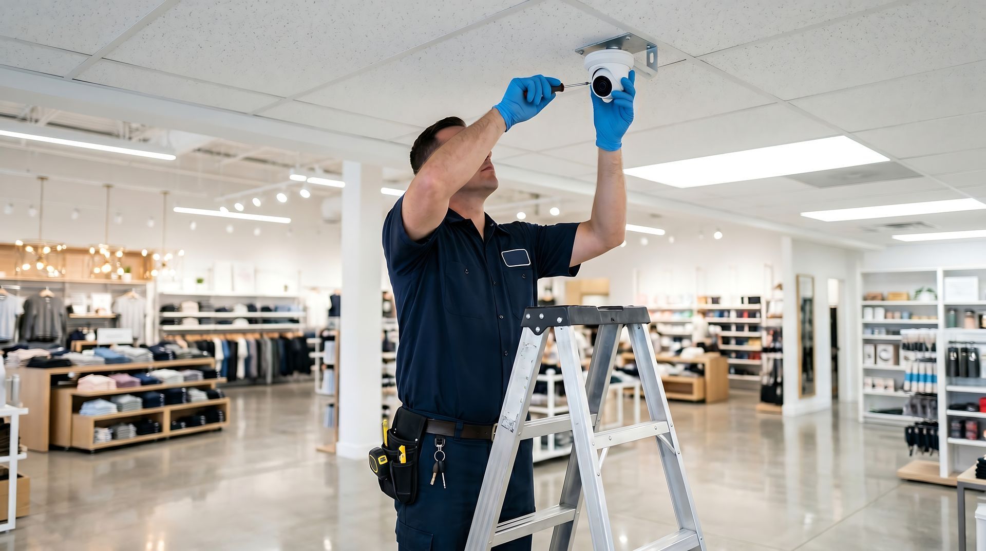 Business security system installer on a ladder attaching a dome camera to a retail store's ceiling.