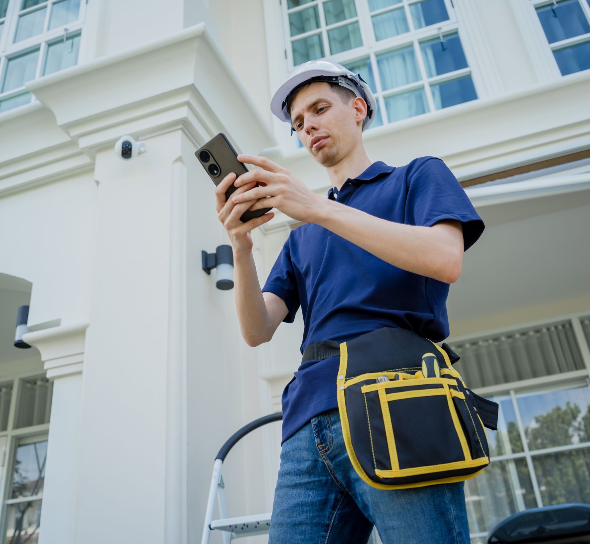 Residential Security System Installer using a smartphone to set up a home security camera system.