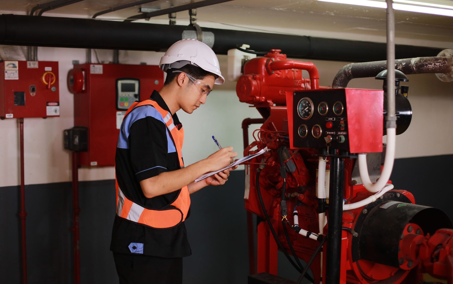 Inspector checks fire safety system with clipboard near red pipes and control panels.