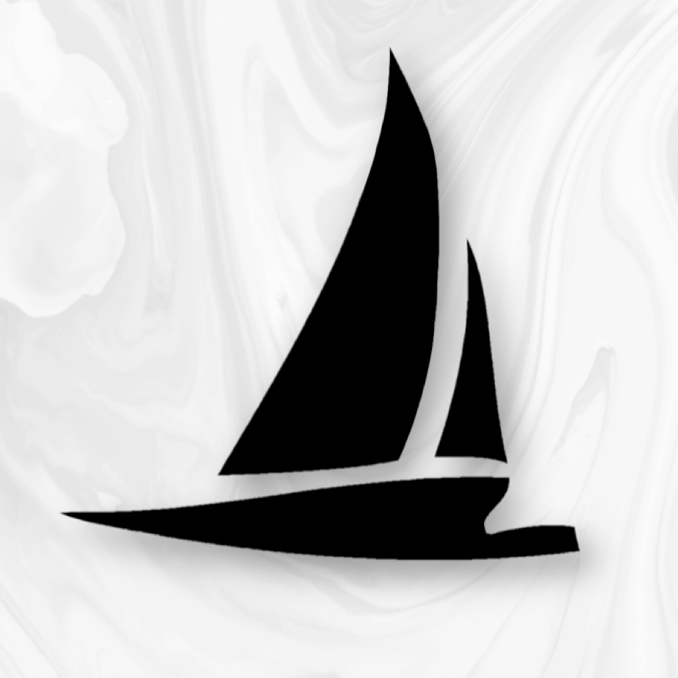 Black sailboat silhouette on a white swirled background