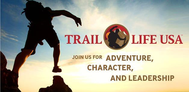 Silhouette of hiker at sunrise beside Trail Life USA logo and text: “Adventure, Character, and Leadership”