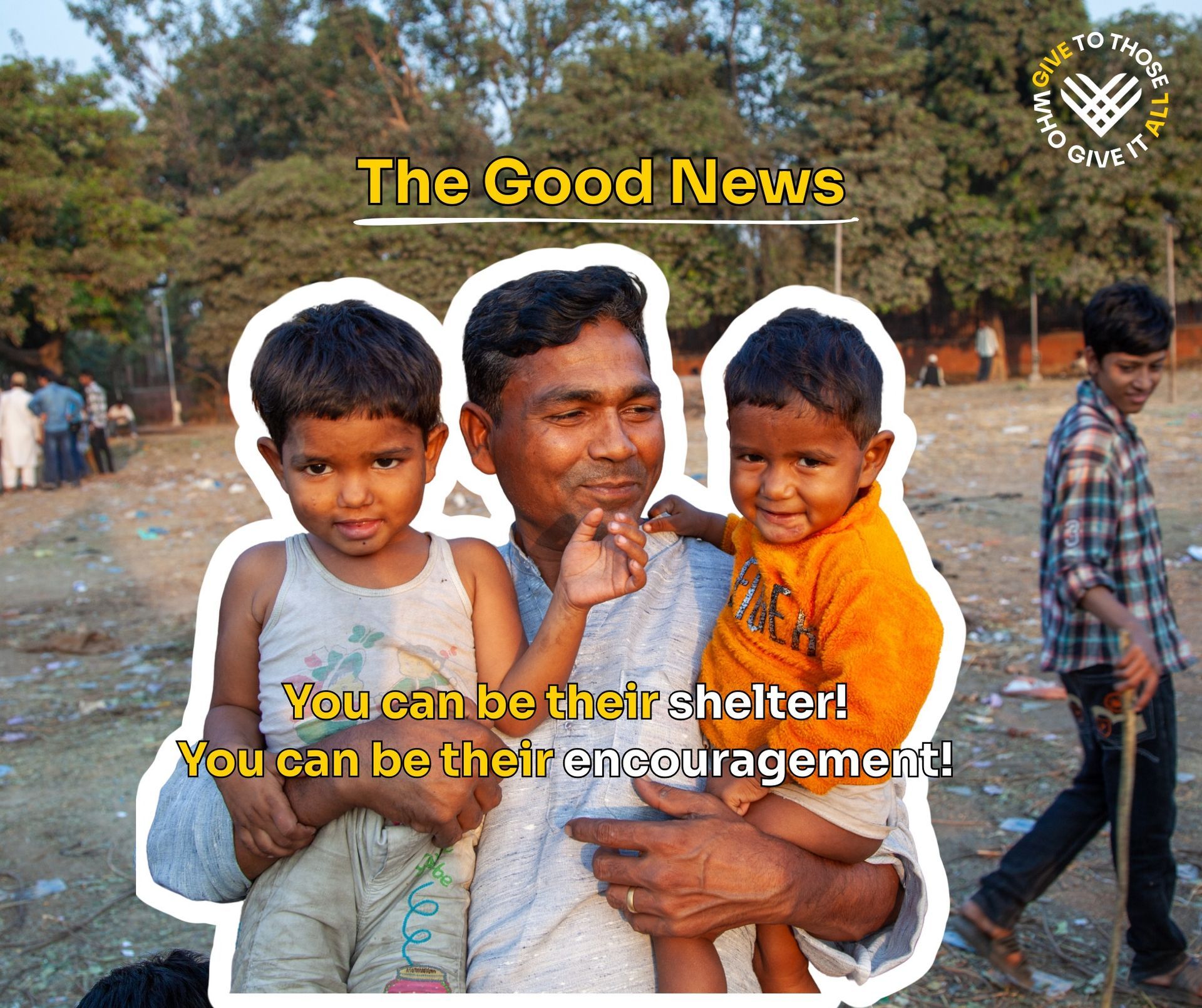 Three people on a rural road overlaid with a rescue plea: “You can be their shelter! You can be their…”