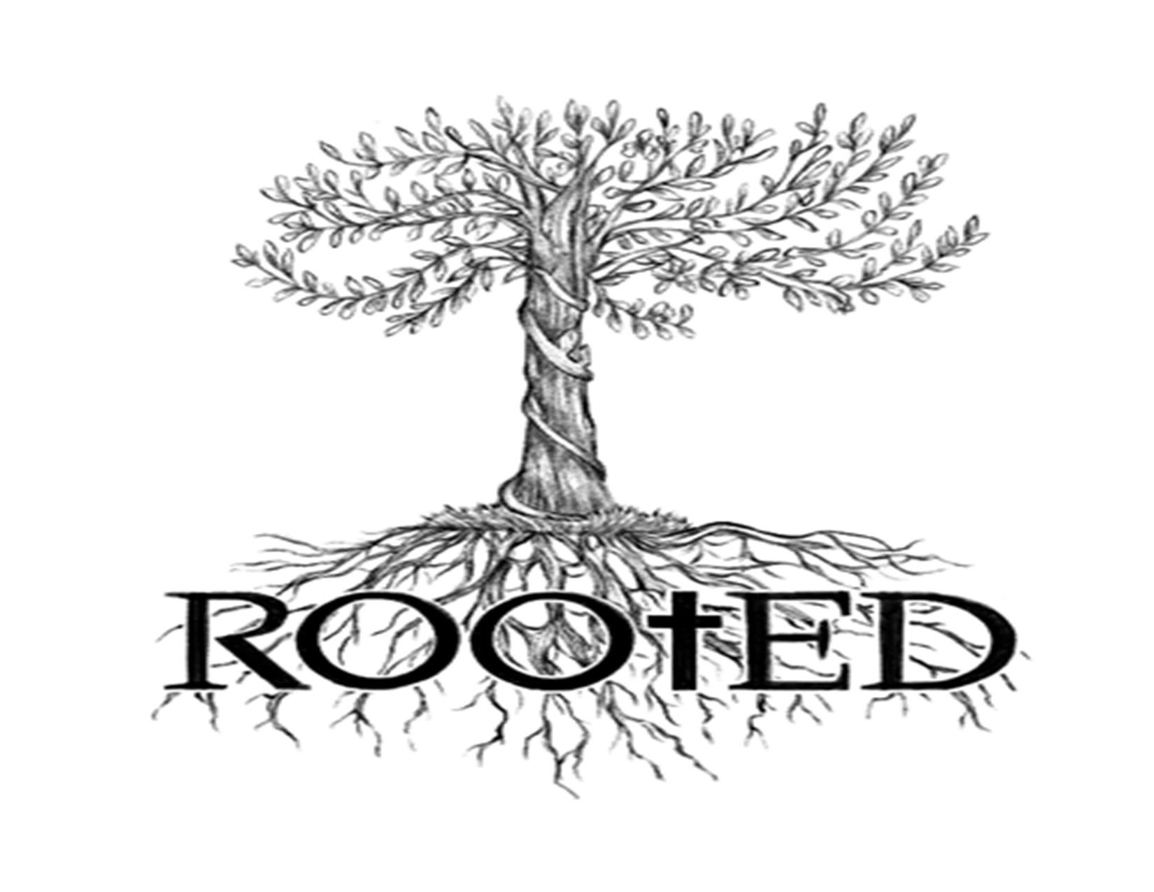Black-and-white tree with exposed roots above the word “ROOTED”