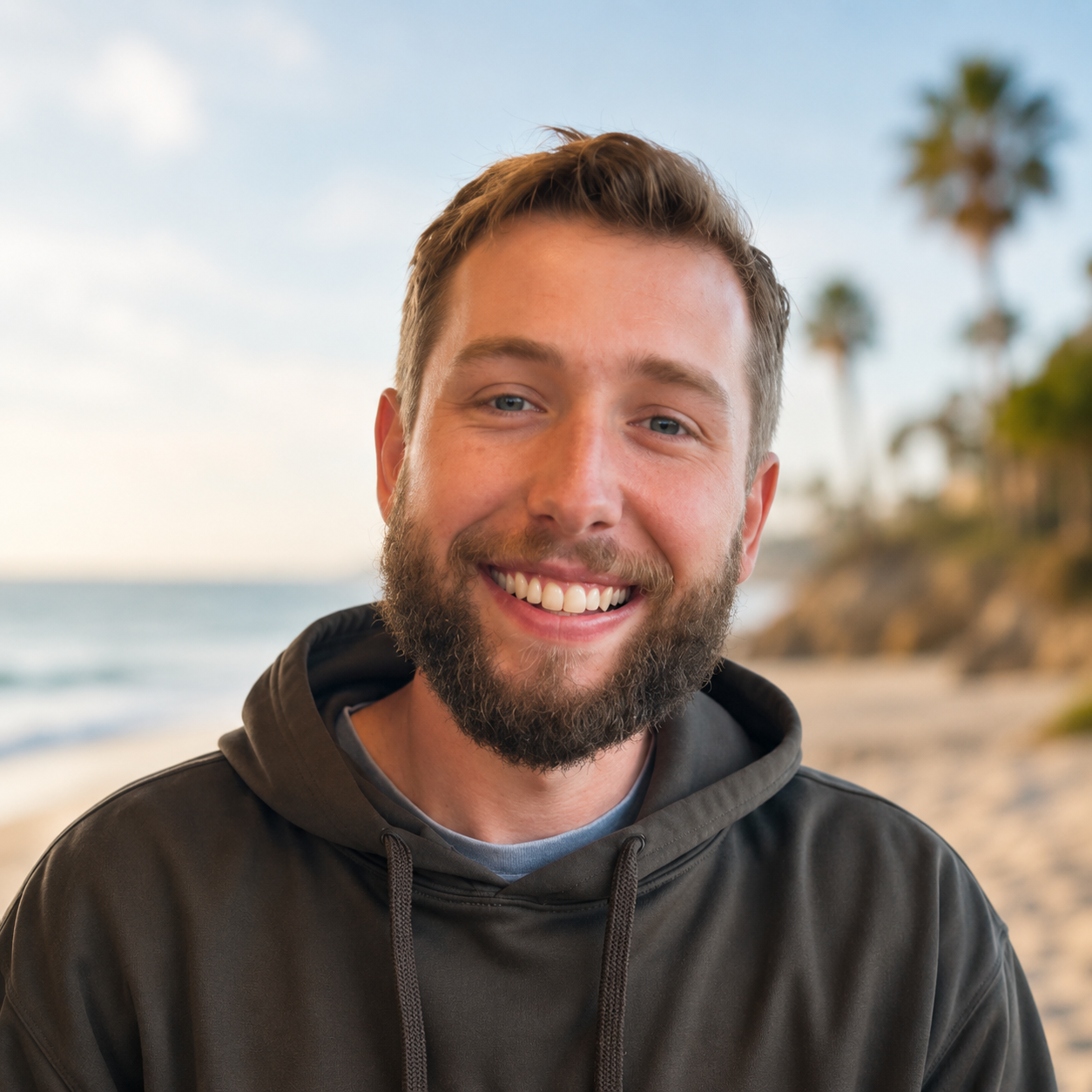 Smiling bearded person in a dark coat standing outdoors on a city street